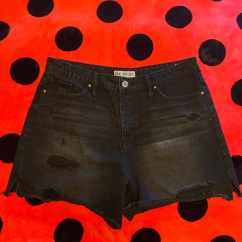 YMI Juniors' Mom Fit Shorts W/ Frayed Hem and Side Slit